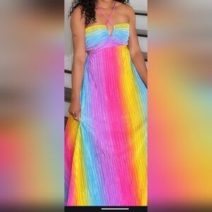 Rainbow Sleeveless Maxi Dress Neck Drawstring Strap Cutout Sides Size S NWT